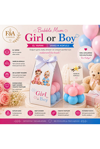F&A Candle 25 Adet Girl or Boy Bubble Mum Hediyelik El Yapımı Vanilya Kokulu ...