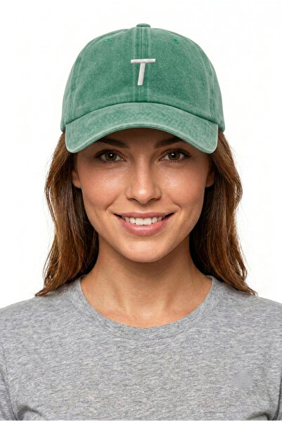 ŞapkaMania Light Green Embroidered Washable Vintage Unisex Hat with Letter t