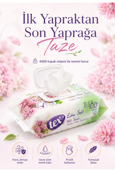 Tex Gül Kokulu 12 Paket Islak Havlu Mendil Set - 100x12 = 1,200 Adet