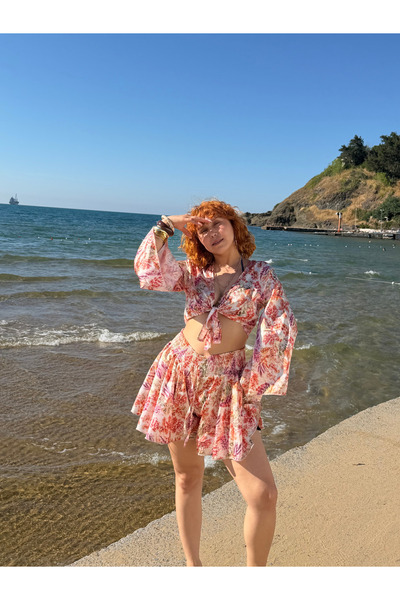 Bak'ap Premium Trend Tasarım Çiçek Desenli Saten Şort-Kimono Takım
