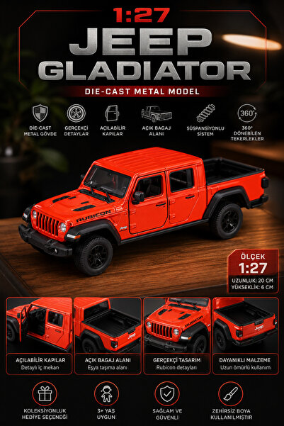 craftivio Jeep Gladiator Rubicon 1:27 Ölçek Kırmızı Metal Model Araba 20 cm A...