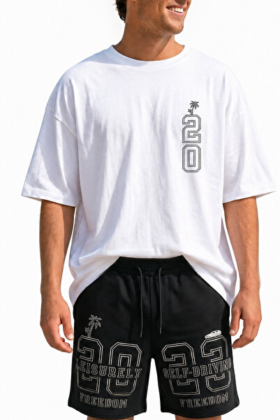 EFFRENATU Men's T-Shirt Shorts Set White Black Self-Driving Print Oversized