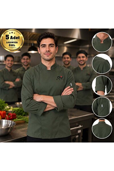 Bk Gift Logonuza Özel 5 Adet Yeşil Erkek Şef Ceketi - Gabardin Kumaş Profesyo...