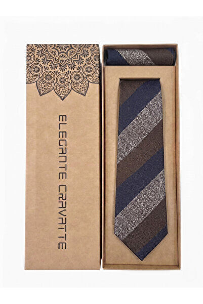 Elegante Cravatte Coffee and Navy Blue Striped Textured 7 cm Tie and Pocket S...