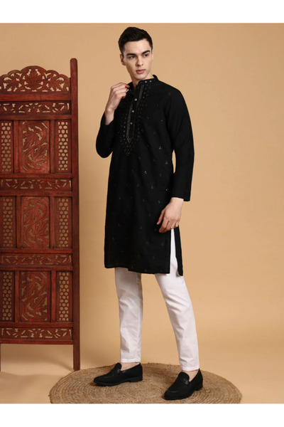 Devoiler Mens Thread & Mirror Work Modal Silk Kurta Set