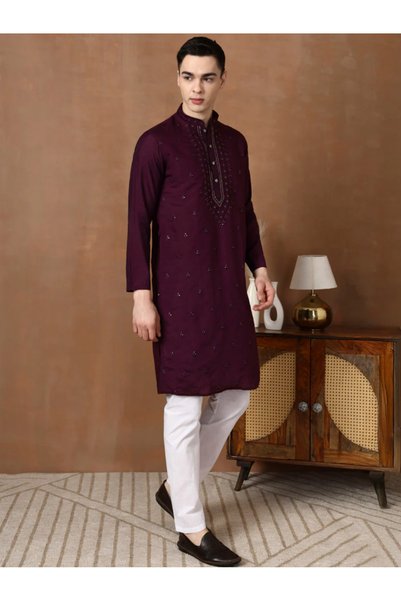 Devoiler Mens Thread & Mirror Work Modal Silk Kurta Set