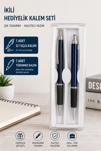 Mikro Gift Double Pen Set 0.7 Tip Pen Blue Ballpoint Pen Transparent Box Teac...