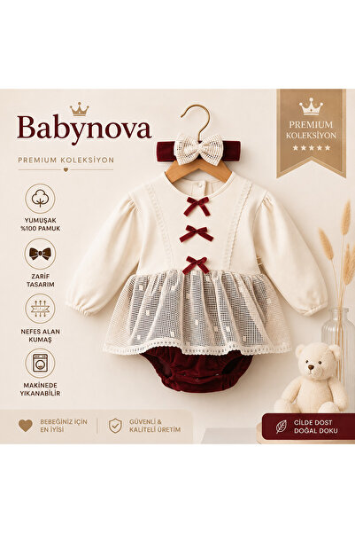 babyist Babynova Bordo Fiyonklu Dantel Etekli Kız Bebek Özel Gün Elbisesi