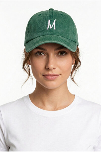 ŞapkaMania Dark Green Embroidered Washable Vintage Unisex Hat with Letter m