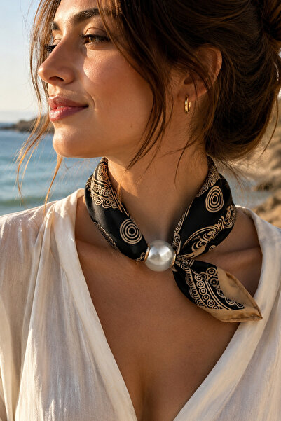 Modex Black Beige Shawl Pattern Pearl Detail Scarf Necklace (45cm)