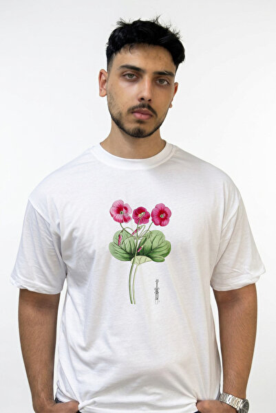 Anetos Pink Botanical Flower Design Printed Oversize White T-Shirt