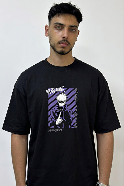 Anetos Gojo Satoru Jujutsu Kaisen Design Printed Oversize Black T-Shirt