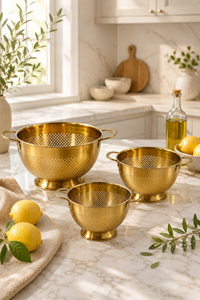 welcomein Gold Paslanmaz Çelik Ayaklı Süzgeç 3’lü Set | 1,5 L + 3 L + 5 L Mak...