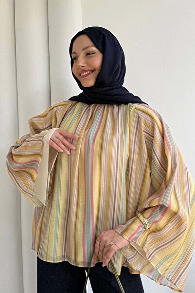 Modaensarbutik Pastel Çizgi Desenli Rahat Kesim Gömlek-SARI