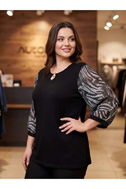 QUAWEAR Crew Neck Tulle Fabric Thin Sleeve Combed Cotton Tunic with Pearl Acc...