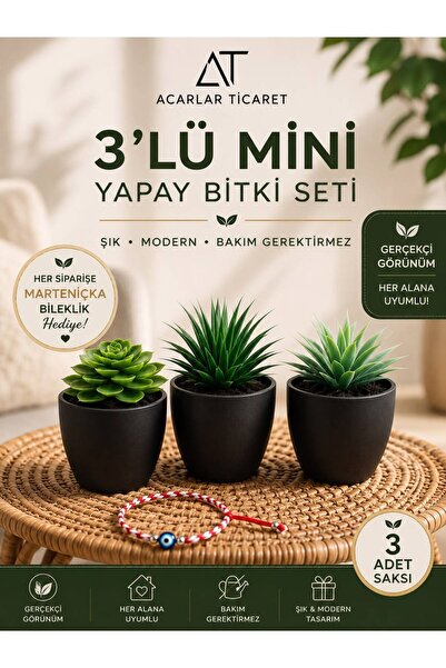Acarlar Ticaret 3’lü Mini Yapay Bitki Seti – Dekoratif Saksılı Modern Masa Üstü