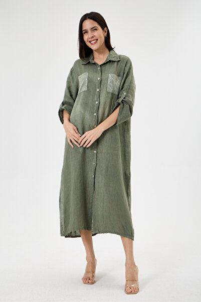 della moor Khaki Italian 100% Linen Folded Short Sleeve Linen Shirt Dress wit...