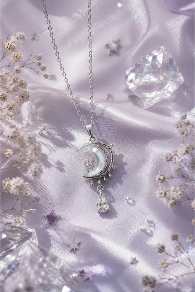 Sylvera Shop Moonlight Drop Stone Steel Necklace (Silver Color)