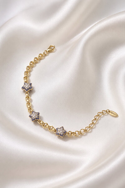 Balenbi Jewelry Kadın Üçlü Yıldız Figürlü Taşlı Kararmaz Çelik Bileklik 14K G...
