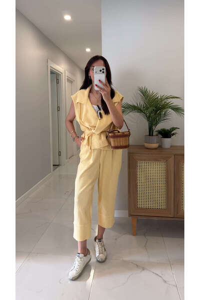 BİRCANÇİL Siteros Yellow Linen Vest and Pants Set