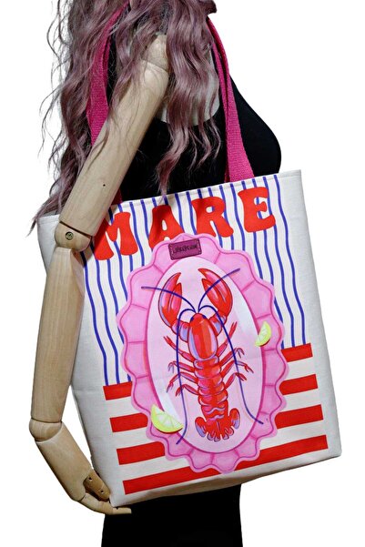 BUSRAKAZANCDESİGN Istakoz Desenli Kumaş Plaj Çantası, Tote Bag, Piknik Çantası