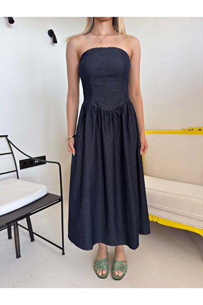 Bade Butik Navy Blue Strapless Denim Dress