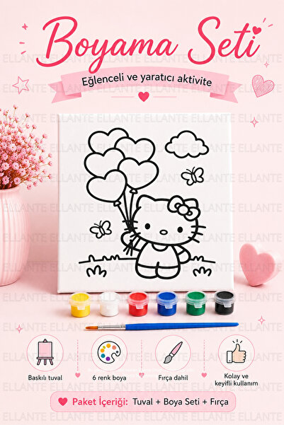 ellante Hello Kitty Balonlu Boyama Tuvali Seti 20x20 cm | 6 Renk Akrilik Boya...