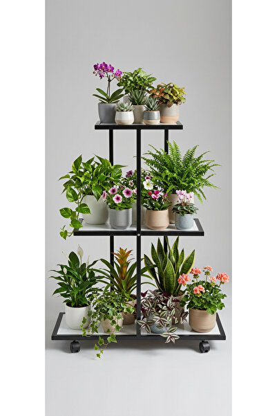 BRTWOODS Metal Ahşap 3 Katlı Tekerlekli Saksılık Çiçeklik Organizer Stand