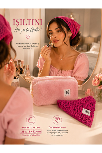MAKE BAG YENİ KADIN PEMBE BANDANA & PEMBE PELUŞ MAKYAJ ÇANTASI