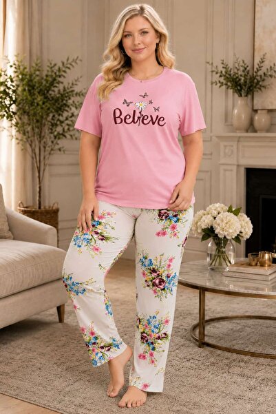 tarzımsüper Plus Size Luxury Pajamas Set with Elastic Waist Comfort Model Cot...