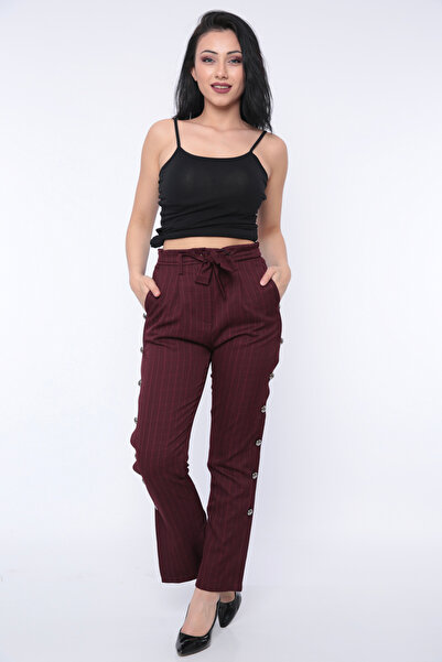 FIRST STYLE Women's Burgundy Striped Side Buttoned Turkish Trousers