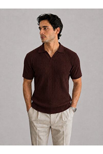 MODASPARK Brown Polo V-Neck Short Sleeve Men's T-Shirt