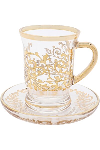 Solitaire Deluxe Machin Tea Cups and Saucers Set, Clear/Gold, 6 Pairs