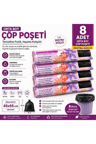 Duruper Kimya 8 Adet Orta Boy Çöp Poşeti 45 x 55 cm 20’li Rulo Ekstra Güçlü S...