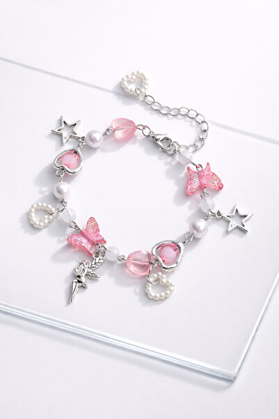 TREND COLLECTİON Pink Butterfly Figured Pearl Detailed Charm Bracelet