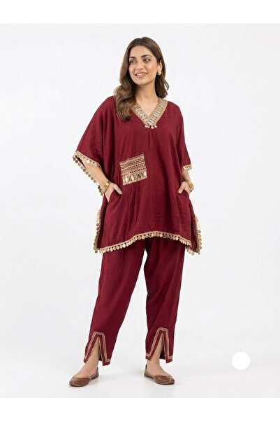 Bella Design Wine Red Festive Kaftan Co-Ord Set