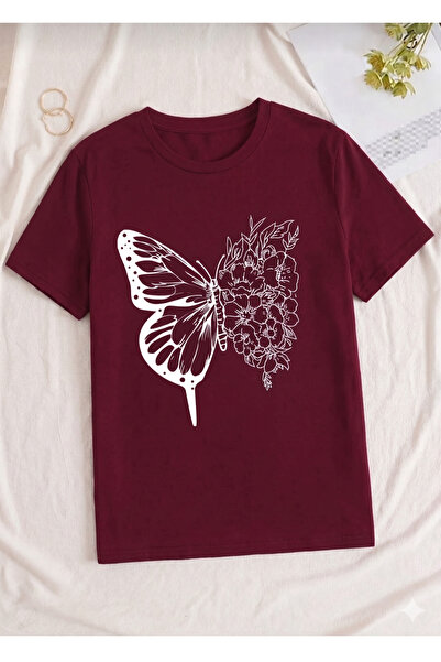 UNCİA OUTDOORS Women's Butterfly Print Oversized Crew Neck T-Shirt