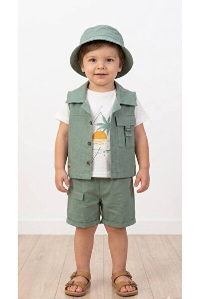 SÜSLÜ KİDS Baby Boy Fisherman Hat, Vest, Shorts/T-Shirt 4-Piece Stylish Set