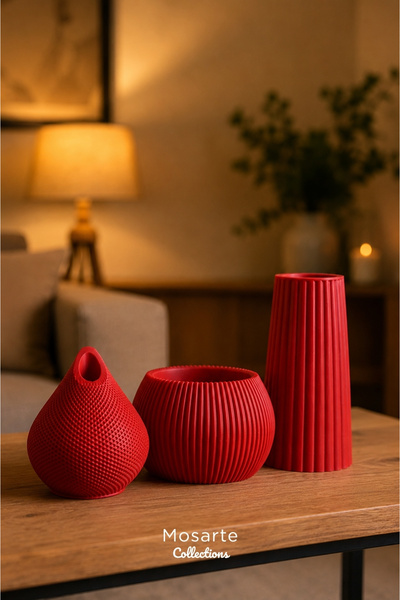 Atelier Red Series 2 - Modern Kırmızı Vazo & Heykel Seti - Kırmızı Renk