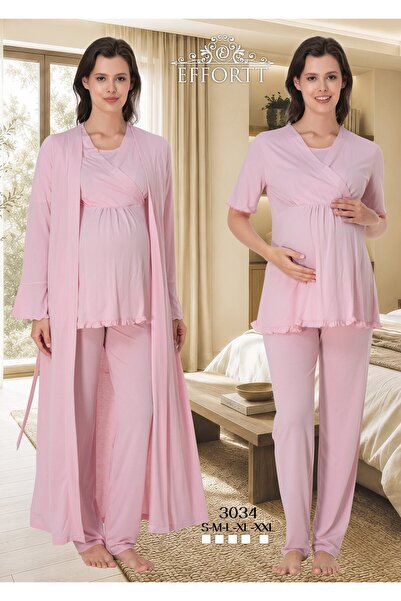 EM&FA TEKSTİL Maternity Nursing Detailed Pajama Set with Dressing Gown