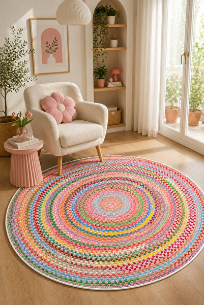 PINKIE HOME HASIR GÖRÜNÜMLÜ Dijital Baskı Kaymaz Yıkanabilir Renkli Salon Hal...