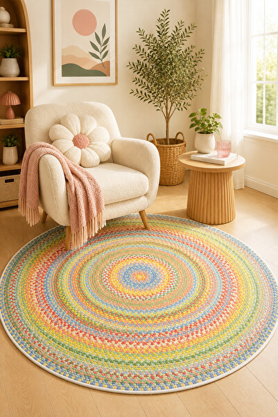PINKIE HOME HASIR GÖRÜNÜMLÜ Dijital Baskı Kaymaz Yıkanabilir Renkli Salon Hal...