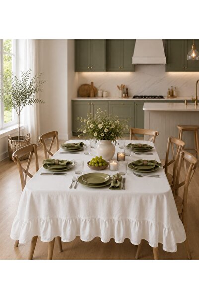 linea natura home Vintage Beyaz Keten Fırfırlı Masa Örtüsü