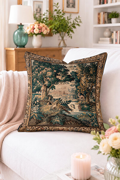 Home Geyik ve Orman Manzarası Desenli Kırlent Kılıfı - Vintage Goblen Tarzı D...