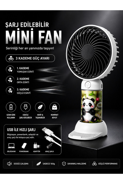Genel Markalar Panda Figürlü Şarj Edilebilir Mini El Fanı – USB Şarjlı, 3 Kad...