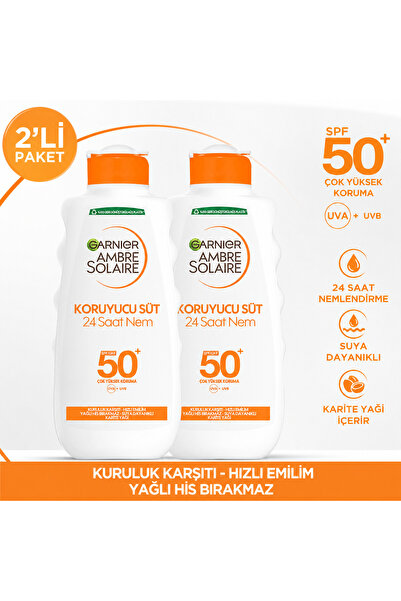 Garnier Ambre Solaire Güneş Sütü SPF50+ 24 Saat Koruyucu Nem 200 ml X 2 Adet