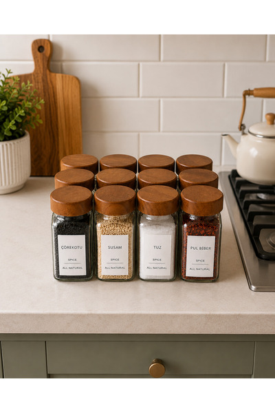 CEZVE HOME 12-Piece Acacia Lid Square Glass Spice Jar Set with 12 Labels as a...