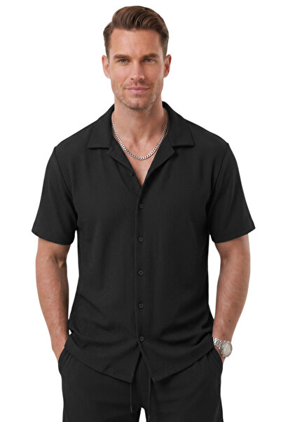 DeepSEA Black Apaş Collar Line Textured Cotton Men's Shirt – Lycra Short Slee...