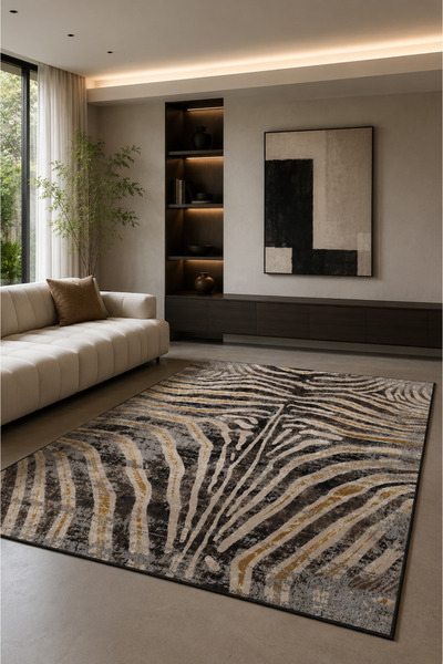 Serteks Zebra Desenli Baskılı Kaymaz Taban Yıkanabilir Salon Oturma Odası Hal...