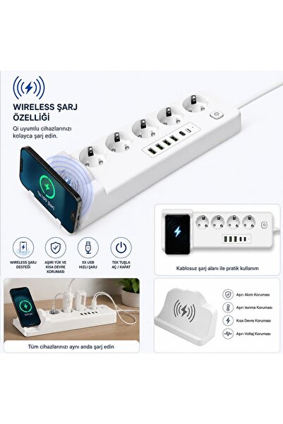 Munico Wirelles Şarj 3000W Yüksek Güçlü Akım Korumalı Priz - 4 Soket + Hızlı ...